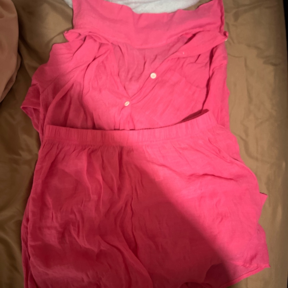 Vibrant Pink Button-Up Top and Shorts Set